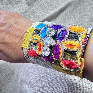 OOAK Wide Cuff Bracelet Fabric Bohemian Multicolor Embellished Handmade Artisan